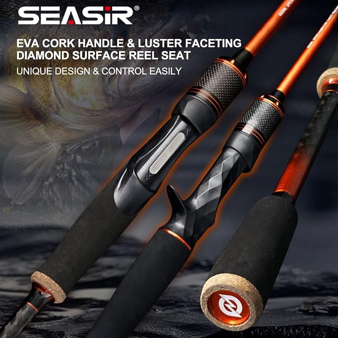 SEASIR CastX Medium Heavy Fishing Rod, Medium Light Spinning Casting Rod, 2 Piece Baitcasting Rod, Saltwater Freshwater Baitcaster Rod, Fast Action, 40T Carbon Fiber, EVA & Cork Grip, Zirconia Ring