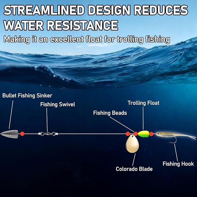 Alwonder 60-Pack Fishing Floats Bobbers Oval Bullet Foam Rig Floats Pompano Surf Ice Fly Fishing Trolling Fish Finder Bottom Live Bait Rigs Float for Bass Trout Walleye Crappie Redfish Bluegill