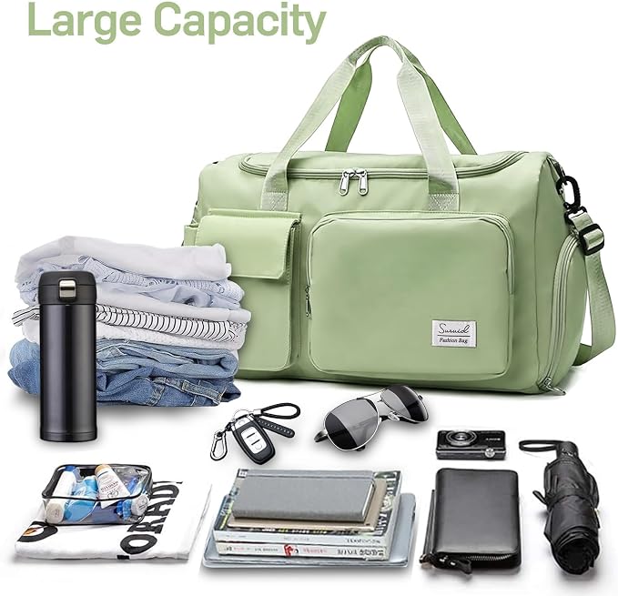 Suruid Travel Duffel Bag with Shoes Compartment Sports Gym Bag with Dry Wet Separated Pocket for Men and Women, Overnight Bag Weekender Bag Training Handbag Yoga Bag - Green