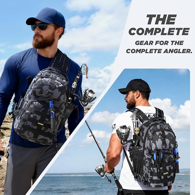 PLUSINNO Fishing Backpack with Fish Rod and Reel Combos Tackle Boxes, Waterproof Tackle Backpack for Fishing Gear with Rod Holder, Fish Gifts for Men with Tool Kit