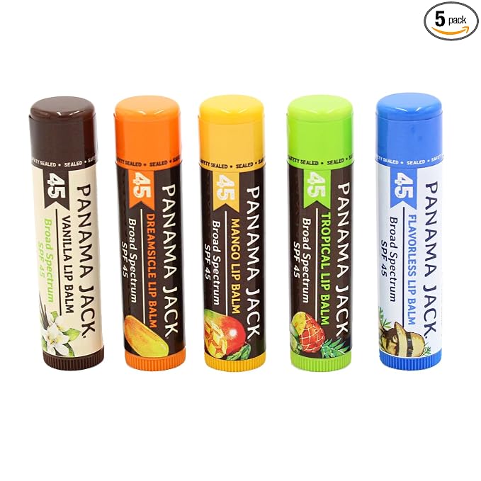 Panama Jack Sunscreen Lip Balm - SPF 45, Flavor Pack, Broad Spectrum UVA-UVB Sunscreen Protection, Prevents & Soothes Dry, Chapped Lips (5 Pack)