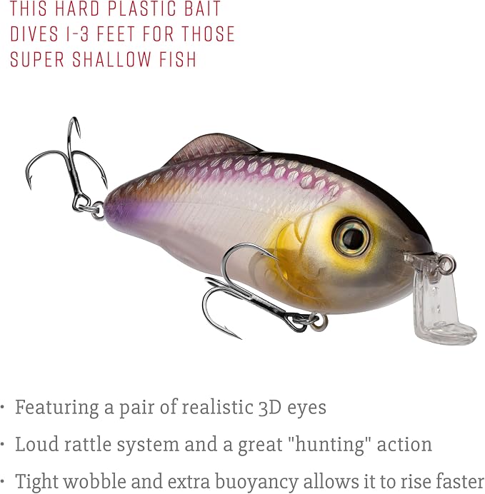 Strike King Hybrid Hunter Shallow Jr. Fishing Lure, Shallow Diving Crankbait, 90-Degree Bill, 3D Eyes, Loud Rattle, Dives 1 to 3-Feet,Size 4 & 6 Treble Hooks