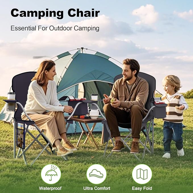 VTOY Folding Camping Chairs Durable 600D Oxford, Portable Outdoor Chair with Cooler Pouch, Cup Holder & Storage Pocket for Camping, Beach, Fishing
