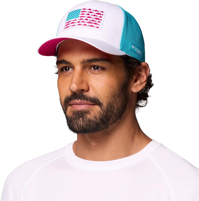 Columbia Unisex PFG Fish Flag Mesh Ball Cap, White/Guava Pink/Fish Flag, L/XL