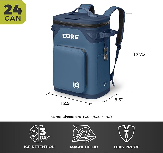 CORE Magnetic Leak Proof Soft Cooler with Waterproof Zipper | Insulated Bag Portable Ice Chest Box | Best Soft Cooler for Food & Beverages for Tailgating, Car Camping, Travel, and Family Beach Picnics