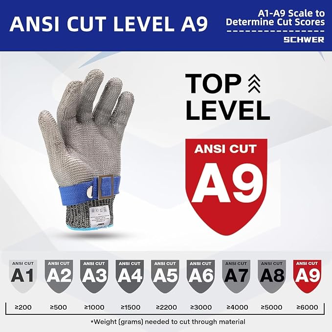 Schwer 10 Pcs SlicePro ANSI A9 Cut Resistant Glove PR1706, Stainless Steel Mesh Metal Glove, Food Grade for Kitchen Cooking, Butcher Meat Cutting, Oyster Shucking, Mandoline, Fishing, M