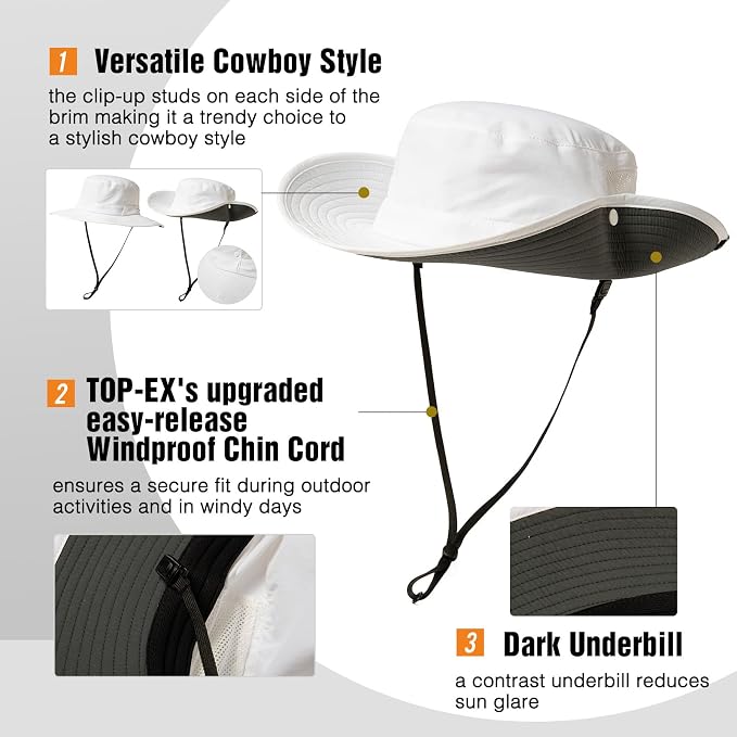 TOP-EX Men's Wide Brim Sun Hat UPF 50+ Waterproof, Packable Breathable Mesh Boonie Bucket Cap for Hiking Fishing Safari