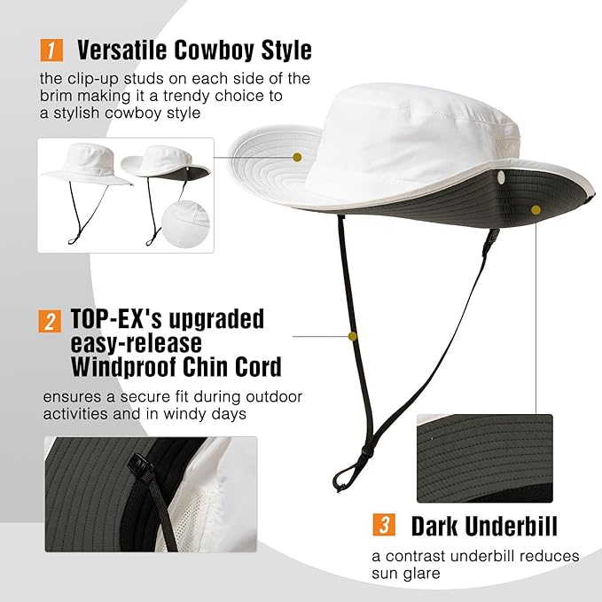 TOP-EX Men's Wide Brim Sun Hat UPF 50+ Waterproof, Packable Breathable Mesh Boonie Bucket Cap for Hiking Fishing Safari