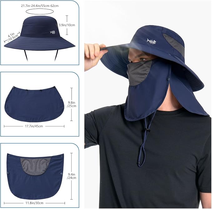 BASSDASH UPF 50+ Breathable Sun Hat with Removable Face Cover and Neck Flap Wide Brim Bucket Hat for Fishing Hiking Men Women