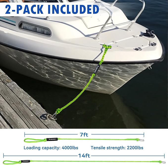 Obcursco Heavy Duty Boat Dock Lines (7ft & 14ft) - 1/2" Marine Mooring Rope with 316 Stainless Steel Clip - Accessories for PWC, Pontoon, Center Console, Jet Ski (Green/Yellow, 2 Pack)