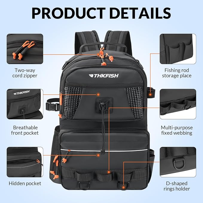 THKFISH Waterproof Fishing Backpack with Rod Holder, 20L Lightweight Fishing Tackle Sling Bag Store Gear and Equipment