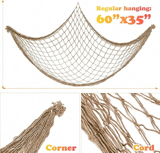 2 Pack Fish Net Decorations for Party, Natural Cotton Hawaiian Table Runner Party Fishing Net Decorative, Nautical Themed Cotton Fishnet Under The Sea Pirate Ocean Beach Decor
