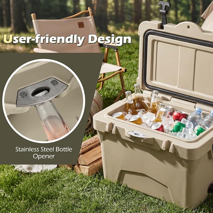 Goplus Hard Cooler, Insulated Ice Chest w/Portable Handles, Cup Holders, Ruler, Bottle Opener, 6 Day Ice Retention for Drink, Beverage, Camping, Fishing, Beach