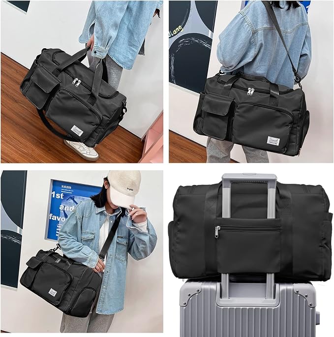 Suruid Sports Gym Duffel Bag with Shoes Compartment and Dry Wet Separated Pocket for Men and Women - Overnight Weekender Training Handbag Yoga Bag - Black