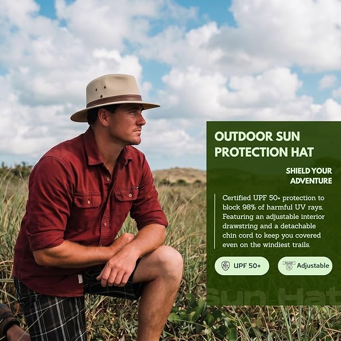 TOP-EX Cotton Aussie Outback Safari Hat, UPF 50+ Sun Hat Wide Brim with Chin Strap, Breathable Packable Bush Hat Men Women