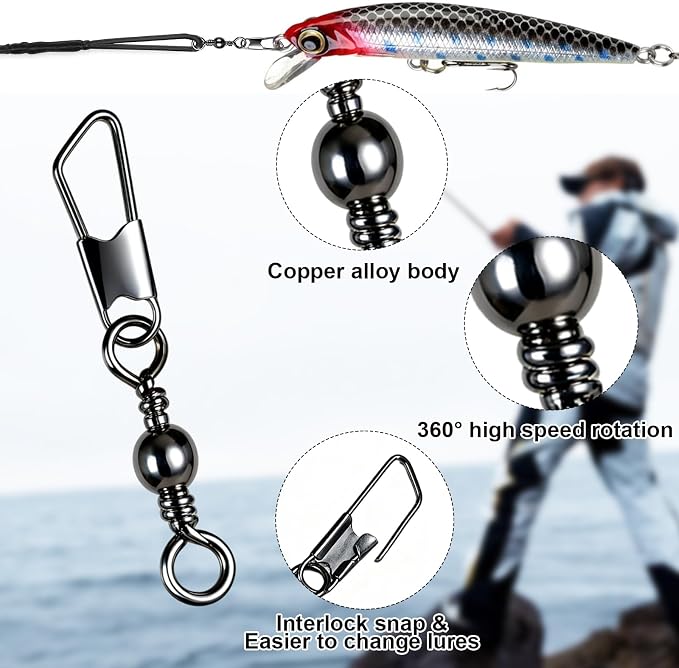 DONQL Fishing Swivels Snap 200pcs Swivels Fishing Tackle, Barrel Swivel Barrel Swivels with Snaps, Available #14#12#10#8#7#6, for Saltwater, Freshwater, Leader, Line, Lure Connector