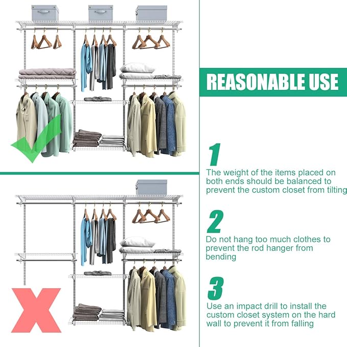 S AFSTAR 4 to 6 FT Mounted Closet Systems, Height Adjustable Custom Clothes Closet Kit with 3 Hanging Rod & 6 Storage Shelves, Wall-Mounted Clothes Closet Organizer for Bedroom Apartment, White