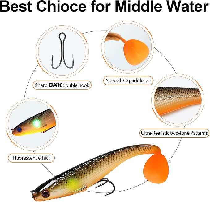 TRUSCEND Shadtale Easy Catch Soft Fishing Lures, Unique Vibration and Action for Various Rigs, Paddle Tail Swimbaits Trailer for Bass, Trout, Crappie, Walleye, Redfish, Saltwater & Freshwater Fishing