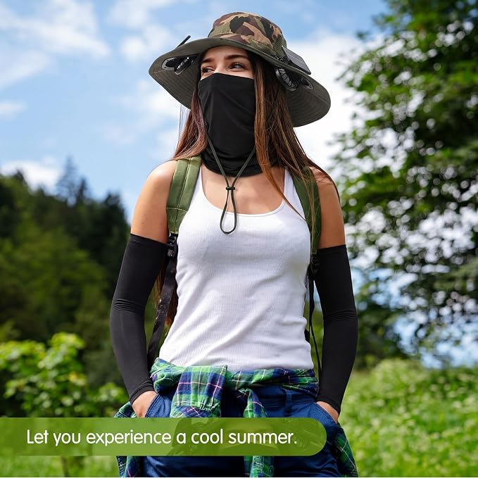 Syhood Solar Powered Fan Hat Neck Gaiter Arm Sleeves Sun Bucket Hat with Fan Cooling Wide Brim Hats for Fishing Hiking
