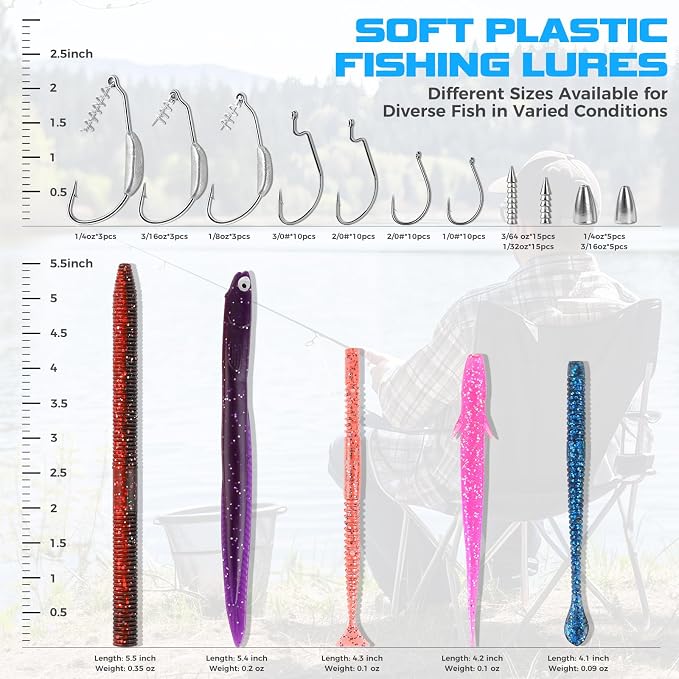 TOPFORT Fishing Lures, Bass Fishing Kit with Wacky Worm, Fishing Worms for Bass Fishing, Soft Plastic Baits with Hooks, Weights, Fishing Accessories, Fishing Gear Fishing Gifts for Men with Tackle Box