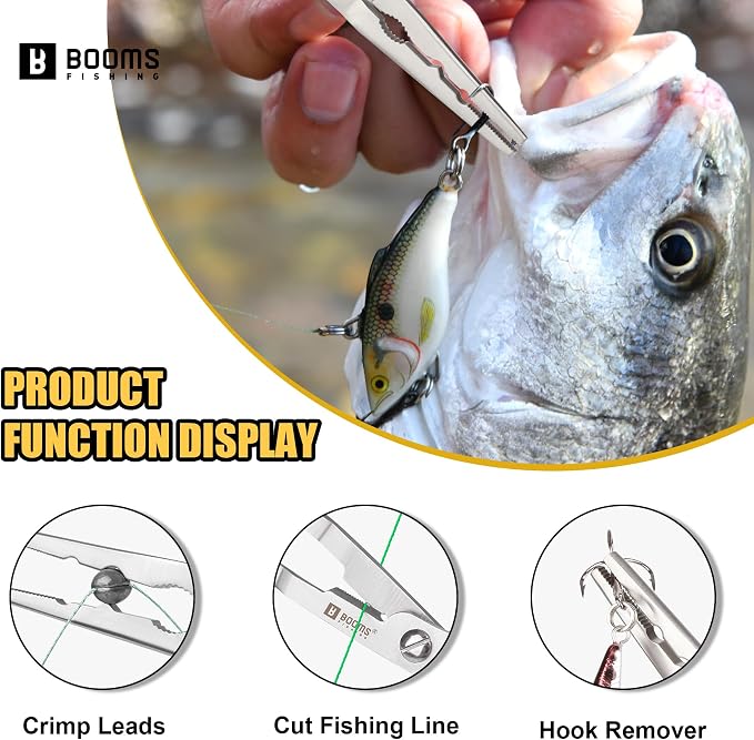 Booms Fishing Pliers Hook Remover: 8" Long Nose Fish Pliers Stainless Steel for Saltwater - Braid Line Cutters with Coiled Lanyard and Safety Lock Design, Multi-Function Fishing Tool for Men, H06