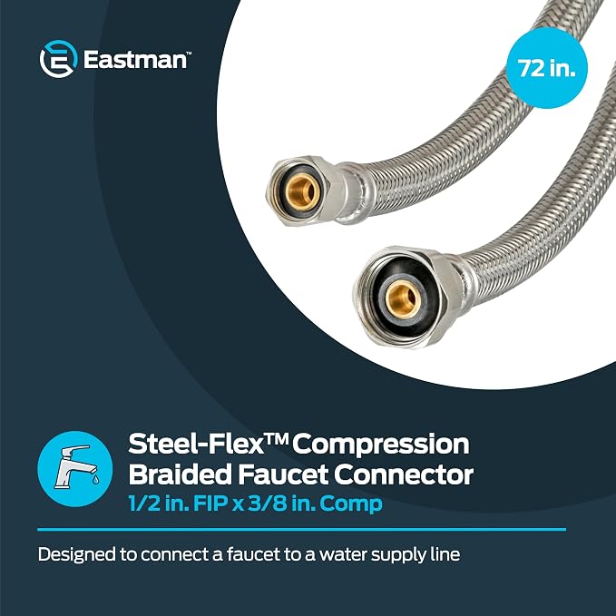 Eastman 72 inch Steel-Flex Braided Faucet Connector, 1/2 Inch FIP x 3/8 Inch Compression, Stainless Steel Faucet Supply Line, 48303