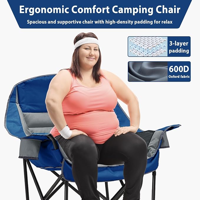 Youtanic Oversized Extra Large Padded Camping Chair, up to 400lbs, Folding Camping Chairs with Side Pocket, Carry Bag, Heavy Duty Outdoor Camp Chairs for Adults, Fishing, Sports, Trip, Gray-Blue