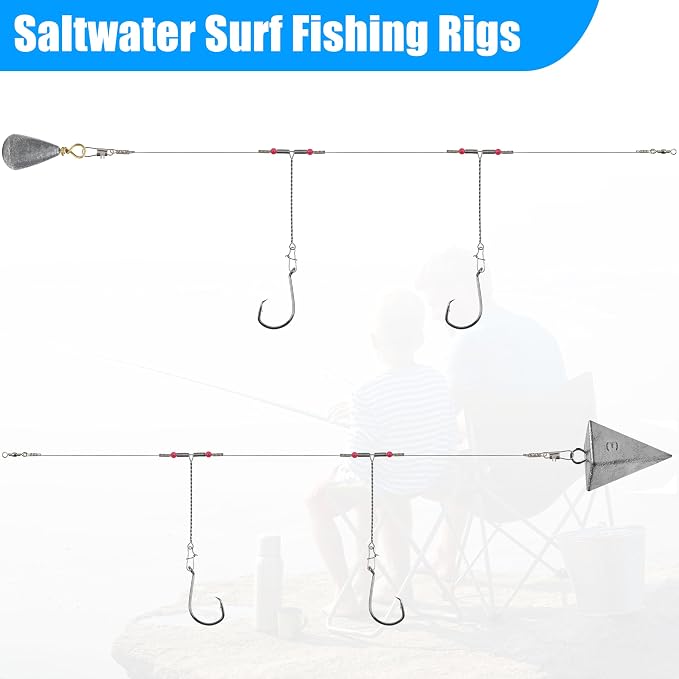 Saltwater Surf Fishing Tackle Kit - Saltwater Surf Fishing Rigs Bottom Rigs Include Fishing Leader Rigs Pyramid Sinkers Bass Casting Sinker Circle Hooks for Striped Bass Red Drum Flounder