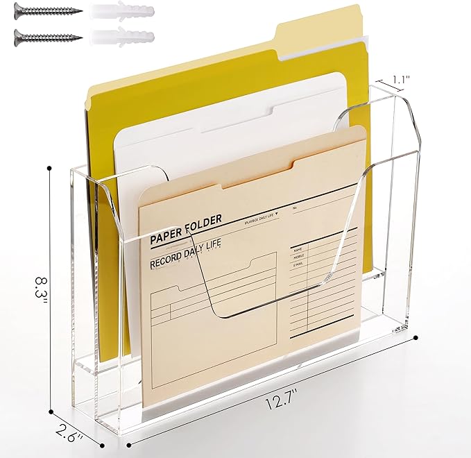 DINGHUO Wall Hanging File Organizer, Acrylic Mail Organizer wall mounted File Holder, Clear 2 Tier Folder Paper Document Magazine Rack for Desk Office School Home - 1 Pack