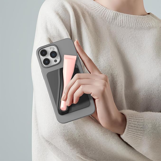 DOB SECHS 2PCS Silicone Lip Holder for Cell Phone Lipstick Lip Glaze Phone Case Adhesive Back Stick On Holder for iPhone and Android Phones, Grey+Black