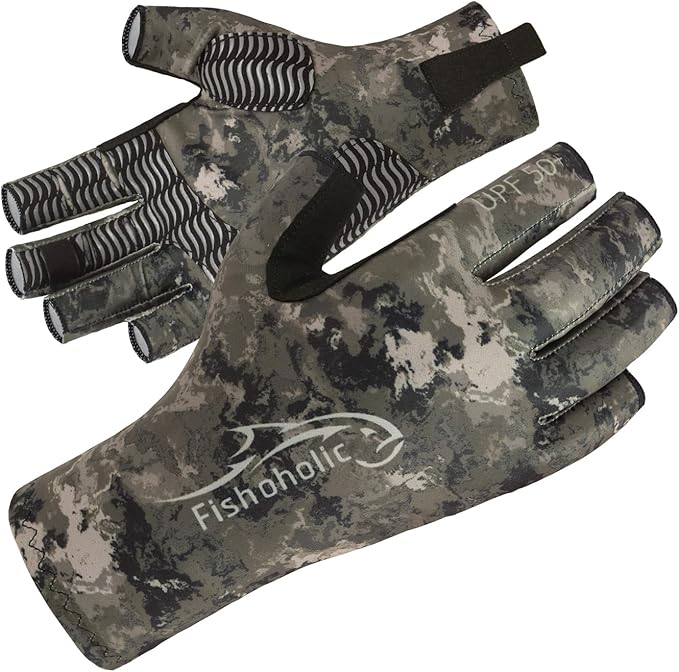 Fishoholic UPF50+ Fingerless Fishing Gloves - Sticky Grip Sun Protection Glove - Kayaking Paddling or Rowing