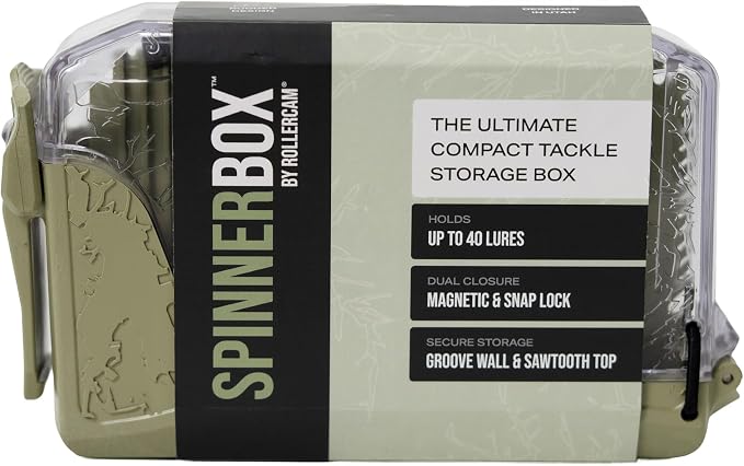 Rollercam SpinnerBox Compact tackle storage box – Holds Up to 40 Lures – Magnetic + Snap Lock – Clear Lid tackle box organizer for Spinners, Spoons & Small Baits – Durable small tackle box for Fishing