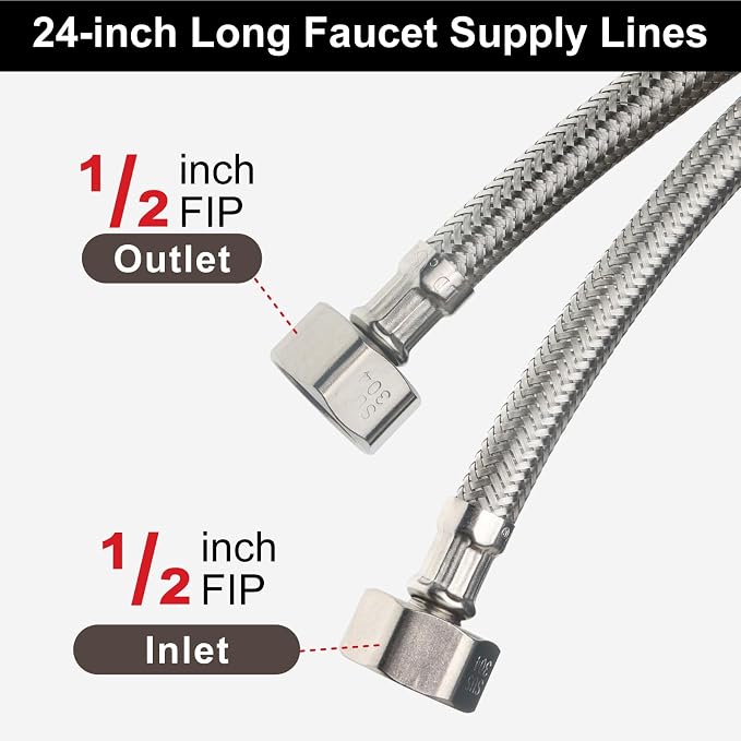 Midanya Faucet Supply Lines,24" Stainless Steel Braided Water Supply Line, 1/2" FIP x 1/2" FIP Faucet Hose, Faucet Hose Connector x 2 Pcs (1 Pair)