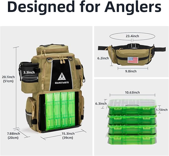 Ghosthorn Fishing Tackle Backpack with 4 3600 Tackle Boxes Rod Holder Outdoor 43L Large Bag with Detachable Wasit Bag Storage Fishing Gear and Equipment Waterproof