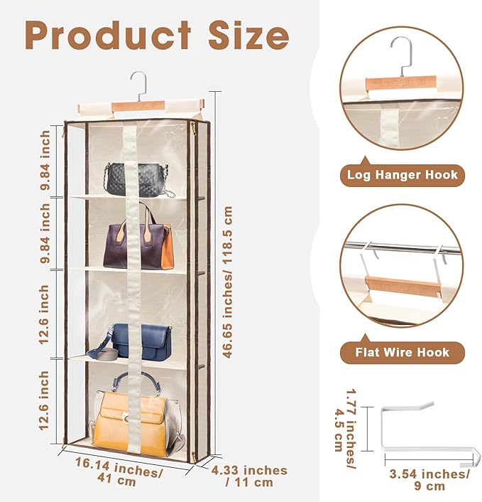 Silkfly 2 Pack Hanging Purse Organizer for Closet Clear Handbag Storage Hanger with Zipper Holder Over The Door Wardrobe Tote Bag Storage Holder for Bedrooms Living Room(Beige)