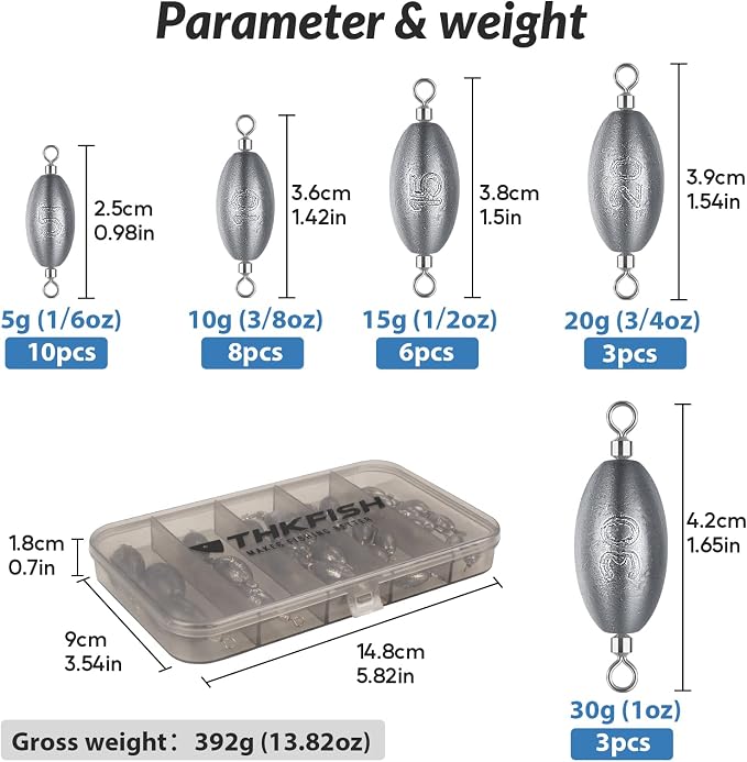 THKFISH Fishing Weights Inline Weights Trolling Sinkers Swivel Weights Quick Set Up Lead Fishing Sinker with Inner Swivel