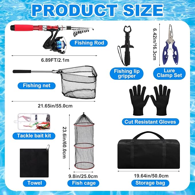 51 Pcs Father's Day Fishing Rods Combo 6.89ft Telescopic Freshwater Pole Set with Plier Lip Gripper Lures Carrier Bag Pre Loaded Spinning Reel with Freshwater Rod Reel Kit Men Gift