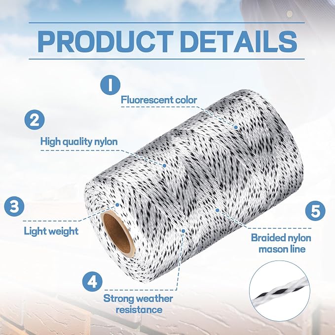 Amylove 6 Roll Mason String Line #18, 500 ft Nylon Braided Construction String Line, Heavy Duty Outdoor Twine Rope for Gardening or Masonry Tools Construction DIY Project, Black White