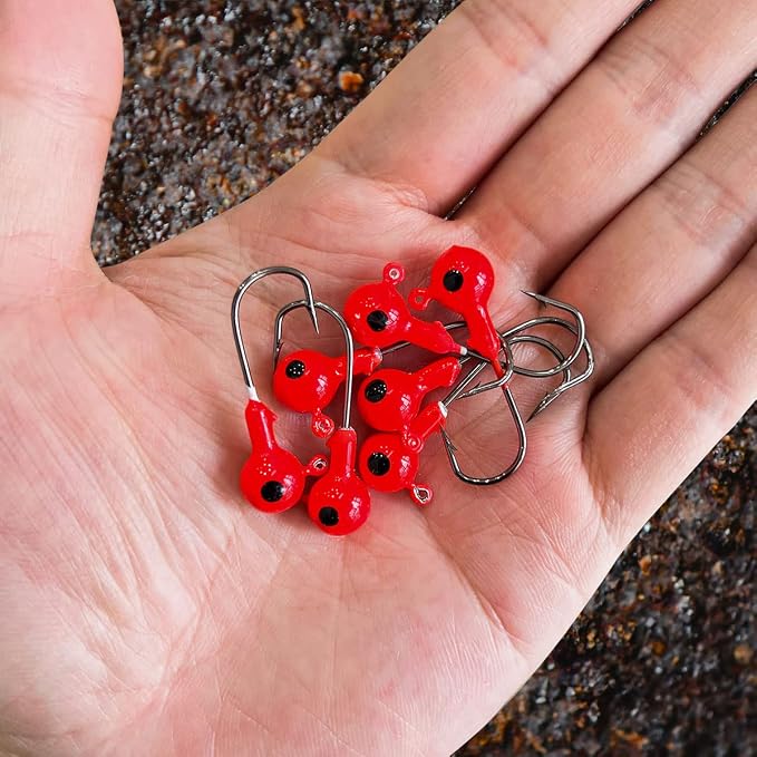 50pcs Fishing Jig Heads Set, Red Round Ball Fishing Hooks for Saltwater Freshwater Swimbait Bass, 1/8oz 1/6oz 1/4oz 1/19oz