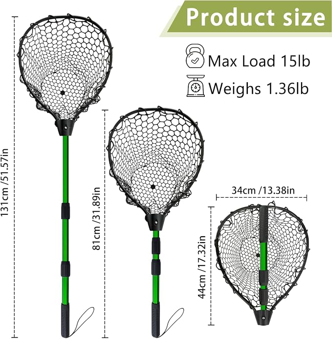 Telescoping Metal Lock Fishing Net with Handle Red Green 64" 52" Rubber Fish Net - Adjustable Length Lightweight Foldable Large Big Collapsible Extendable Fishing Net