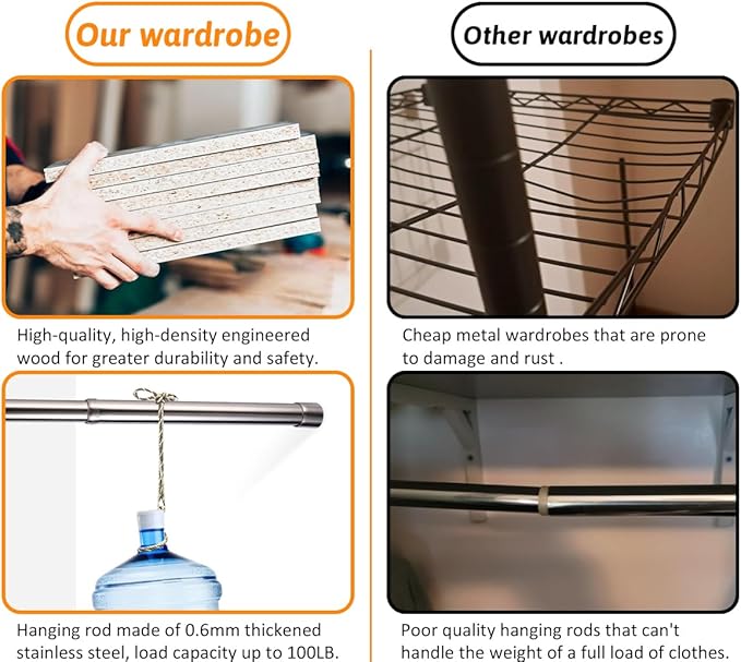 Closet System with 6 Hanging Rods& Shelf, 4FT Small Closet Organizer System Wood with Extra Side Hanging Rod for Walk in Closet Storage, Modular Closet Systems, White(4FT)