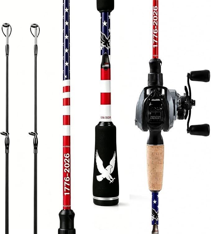 DC Baitcasting Reel Combo with Smart Digital Brake, Anti-Backlash, USA 250th Anniversary Design Fishing Rod, Signature DC Sound, Easy-Control 7.1:1 Baitcaster for Beginners & Bass Fishing