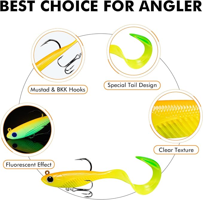 TRUSCEND Duramax Pre-Rigged Fishing Lures with BKK Jig Hooks, 10X Tear-Resistant TPE Soft Swimbaits for Bass Striper Trout Crappie Walleye Grouper, Lifelike Fishing Baits for Saltwater and Freshwater