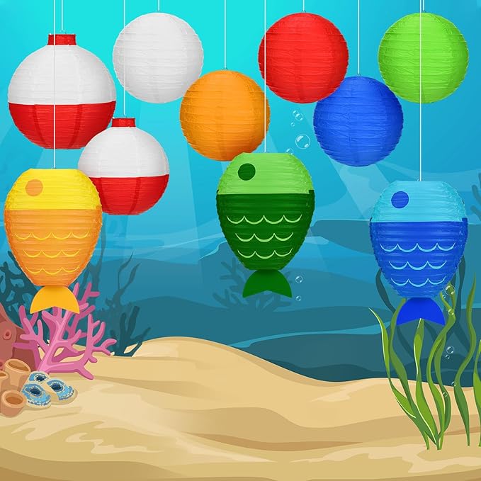 Bencailor 13 Pcs Fishing Hanging Paper Lanterns Fishing Birthday Decorations Fish Shaped Lanterns Bobber Round Paper Lanterns for Fishermen Theme Pool Party Decoration Supplies, 12 Inches, 8 Inches