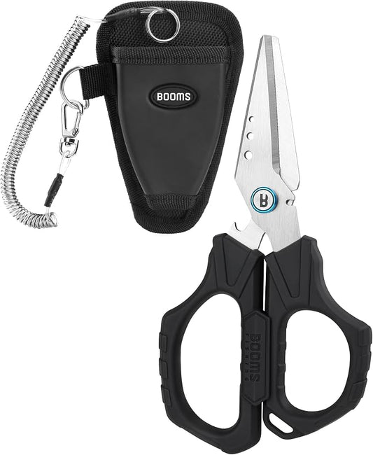 Booms Fishing Braided Line Cutter: 6.3in Multifunction Fishing Scissors with Lanyard and Sheath - Fishing Shears with Serrated Blades and Side Wire Cutter, S04