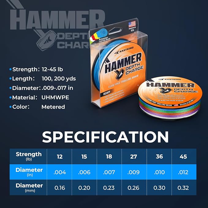 KastKing Hammer Depth Charge Weighted Fishing Line- Made in The USA, Lead-Free Fast Sinking 9-Carrier Braided Fishing Line, Nano Bismuth Coated Saltwater Trolling Line, Color Changes Every 10 Yards