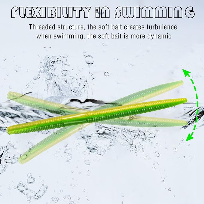 50Pcs Finesse Worms Soft Lures Worm Stick Bait Color Mixed Fishing Lure 5.5in/0.28oz