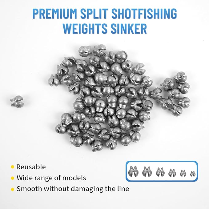 Caleb 200/320Pcs Split Shot Fishing Weights Sinkers, Removable Lead Fishing Weights, Premium Duckbill Reusable Fishing Sinkers for Freshwater Saltwater Bass Trout Fishing Accessories - 5/6 Sizes