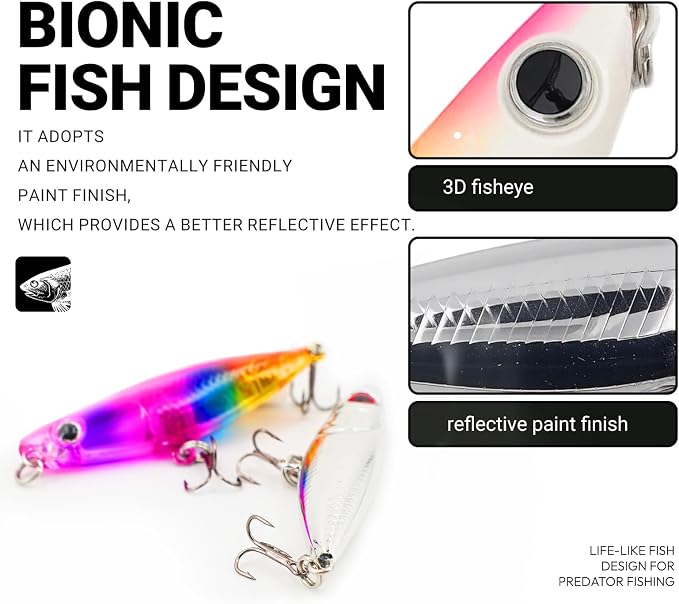 3D Lifelike Fishing Lures with Zigzag Action – Topwater Hard Bait Jigs for Bass, Trout, Walleye, Pike, Salmon – 5 Pc, High Carbon Steel Treble Hooks, Fresh/Saltwater