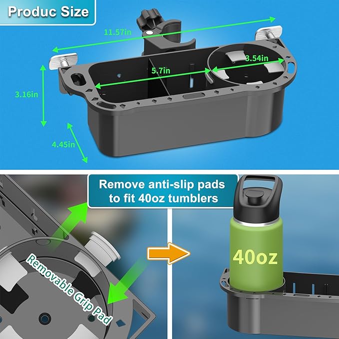 Boat Caddy Organizer, 3-in-1 Mount (Screw/Fishing Boat Track/Clamp-On), Removable Divider Card & Anti-Slip Pad, Fits 40oz Tumbler, for Boat Kayak Tree Stand Bicycle Walker Wheelchair